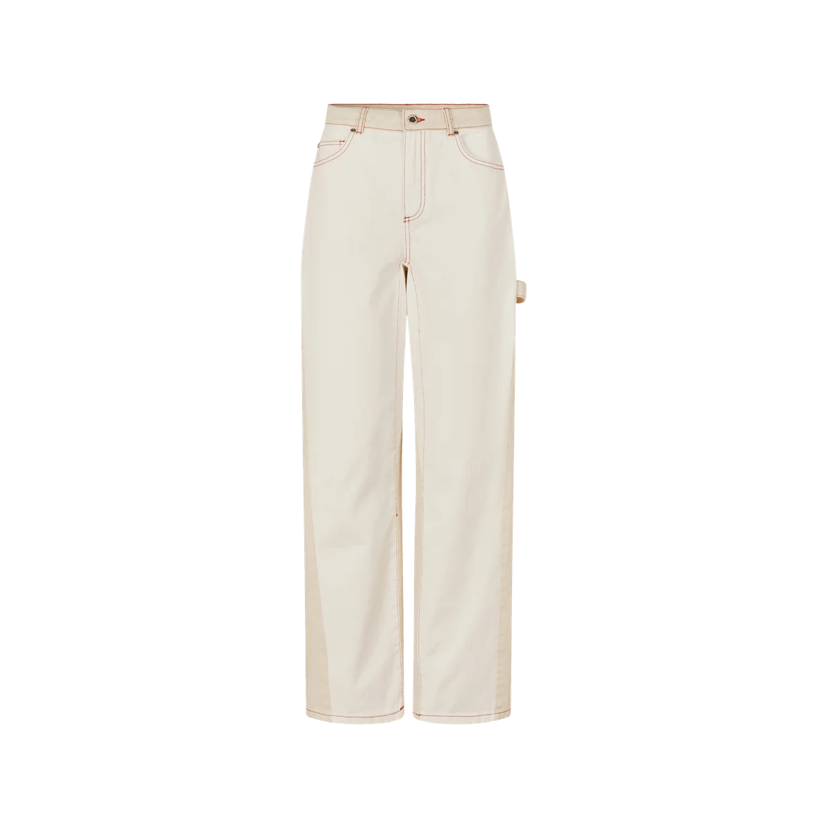 STINE GOYA off-white organic cotton jeans with red contrast stitching and twisted seams