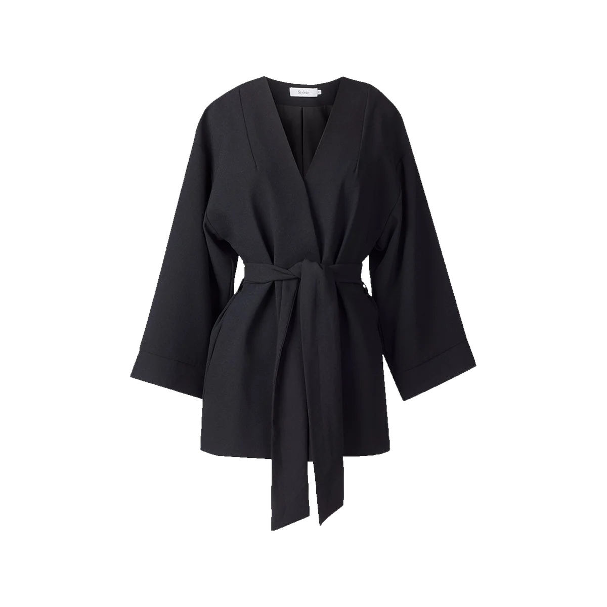 Stylein Balsas black crepe wrap jacket with wide sleeves and an attached waist belt