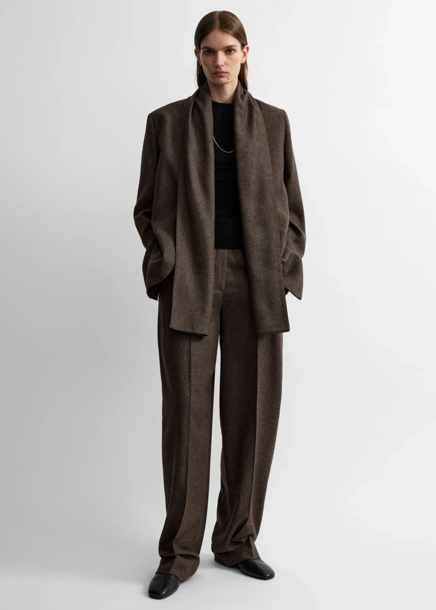 Taupe melange TOTEME scarf lapel blazer shown on a model in the official product photograph