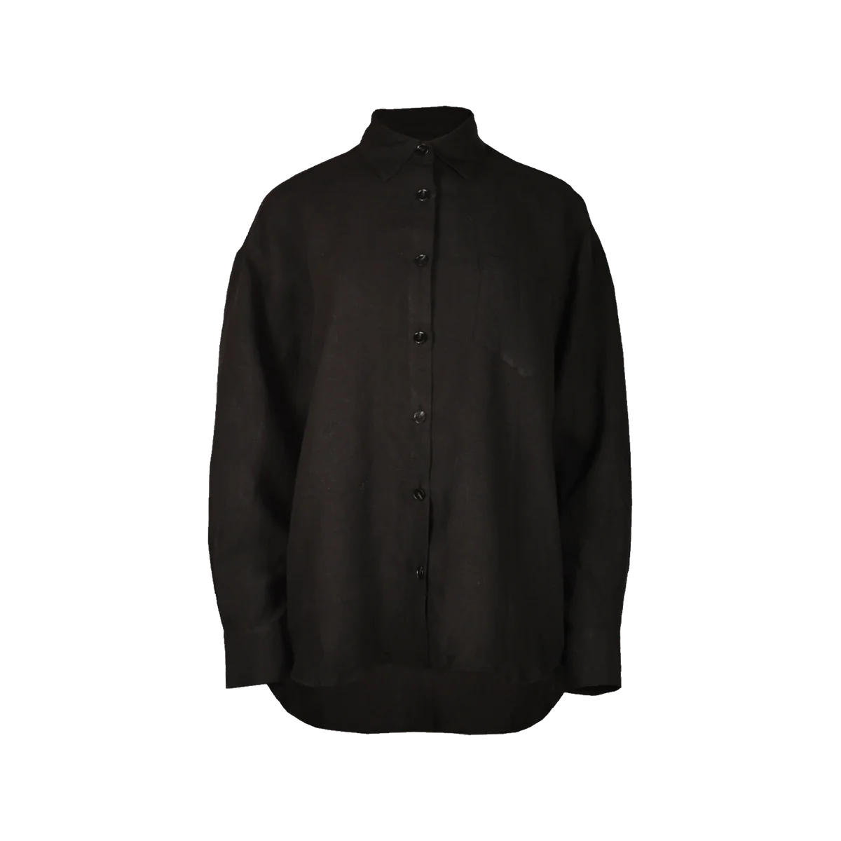 Woodling Caia black linen shirt with an oversized cut, classic collar, front buttons and a chest pocket