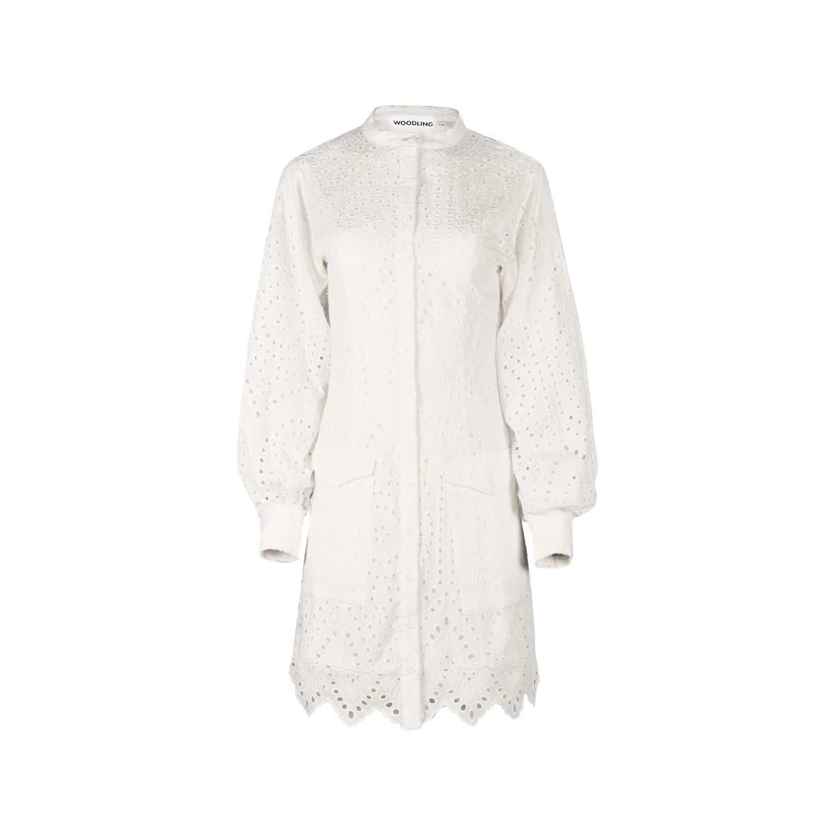 Woodling Iben white cotton broderie anglaise dress with puff sleeves, front buttons, pockets and scalloped hem