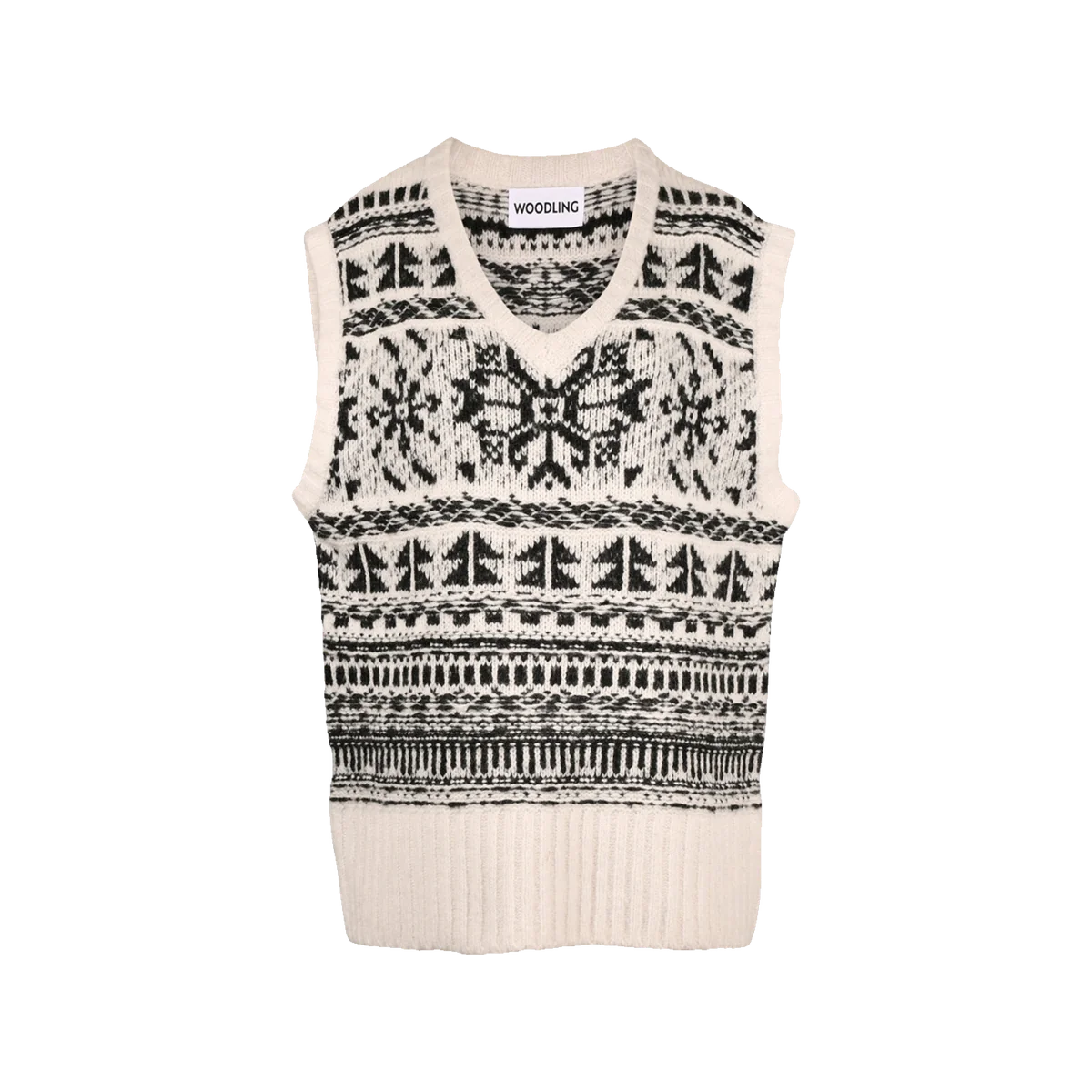 Woodling Myrull jacquard knit vest in off-white and black with a V neckline, Nordic motifs and ribbed hem