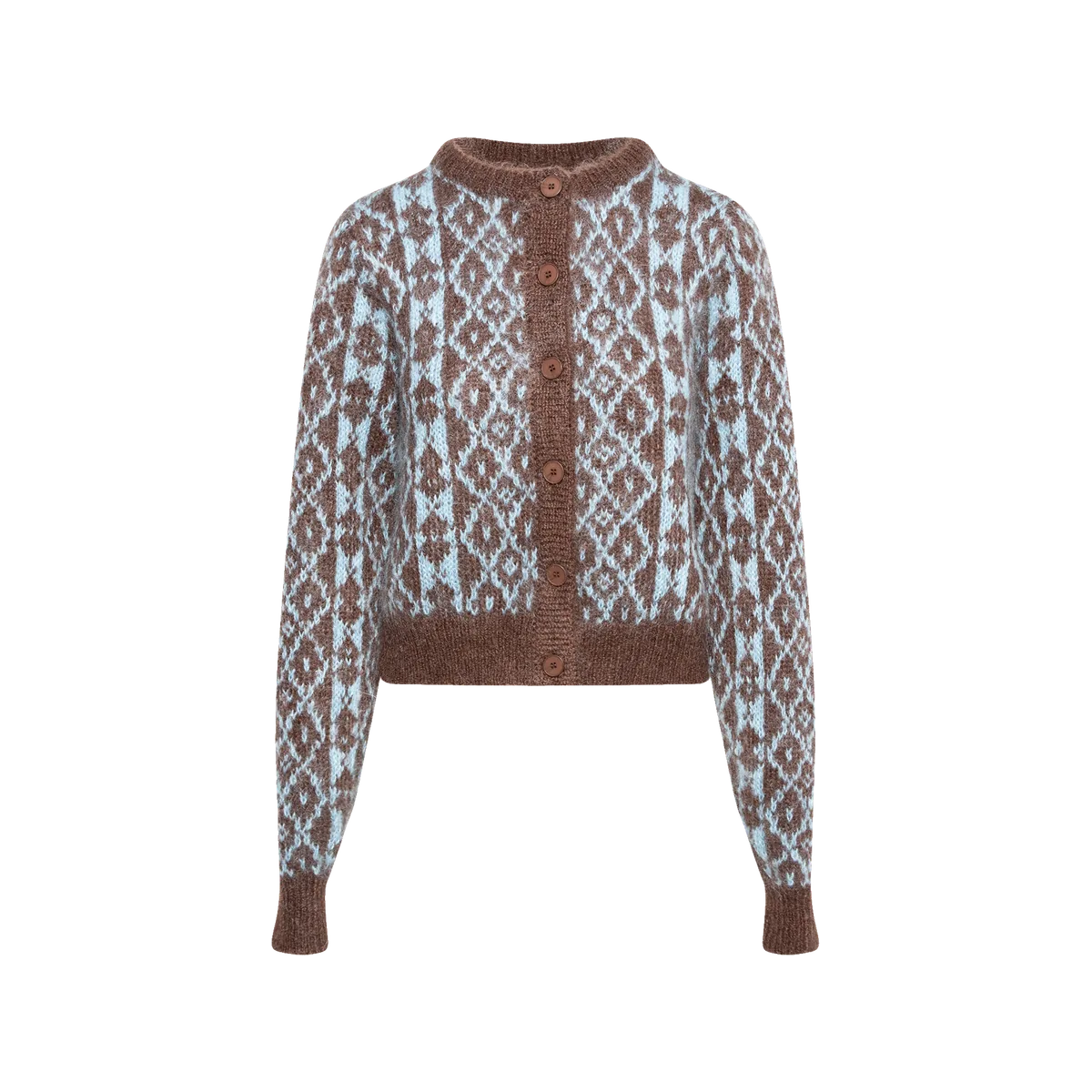 Woodling Maja mohair-wool cardigan in Jord brown with pale blue traditional motifs, round neck and button front