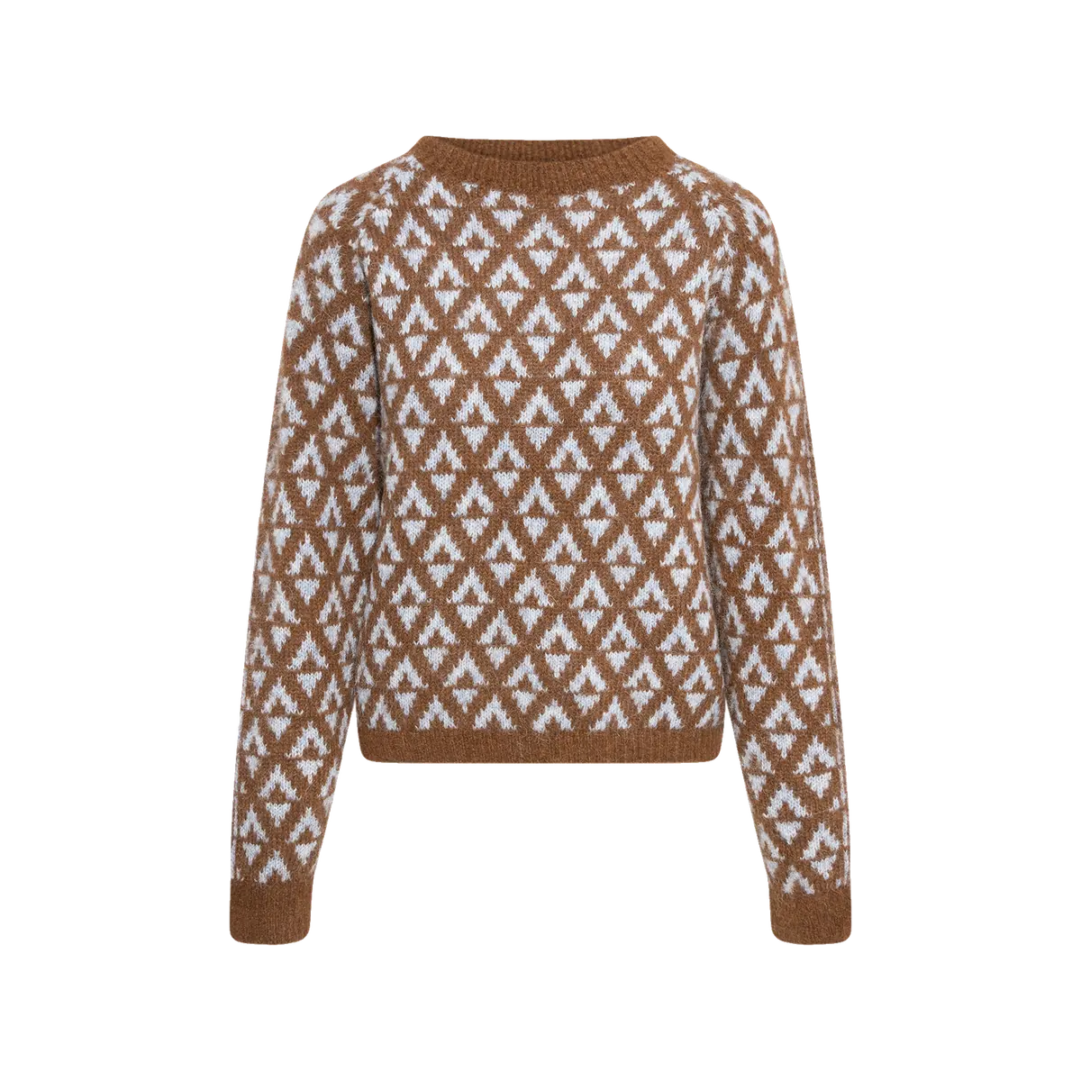 Woodling Thea alpaca-blend jumper in Kanel brown with pale blue diamond jacquard and a round neckline